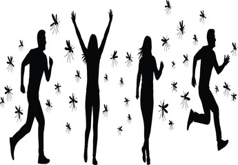 People silhouettes running and jumping while escaping mosquitoes, summer insect problem concept, outdoor discomfort, pest control awareness illustration design © Shadhona