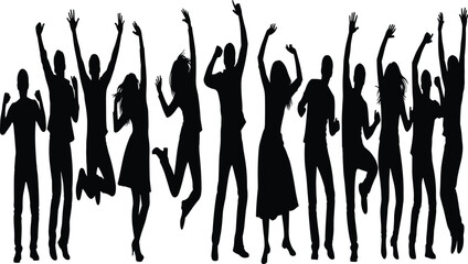 Group of happy people silhouettes jumping and celebrating together symbolizing joy, freedom, unity, success, and positive social energy on white background