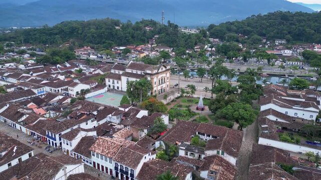 Paraty, Brazil: Aerial drone footage of Paraty, an old town in Rio de Janeiro state of Brazil. Taken with orbit motion around the colonial Parish Church of Our Lady of Remedies