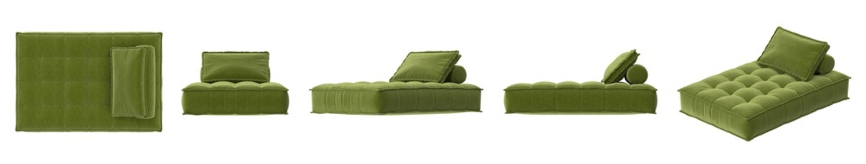 Modern modular green velvet sofa with tufted cushions and bolster pillows