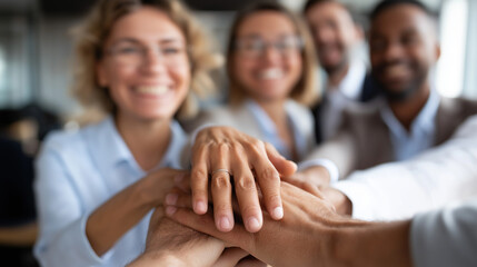 Leadership faceless team stacking hands and smiling at each other at corporate office, defocused unity gesture, collaborative bonding, team solidarity moment, collective commitment