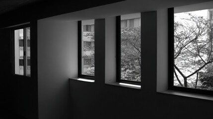 Minimalist Interior View of Office Windows with Tree Silhouettes and Dramatic Shadows Cinematic Black and White Architecture Background for Urban Melancholy and Solitude Concept