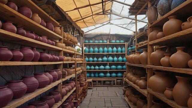 This captures the inside of a vibrant pottery workshop filled with colorful clay jars in various stages of production. The vases are organized neatly on wooden shelves that span from floor to ceiling