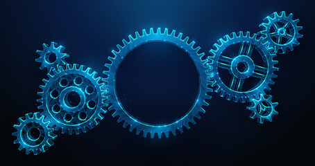 Low Poly Gears Composition on Blue Background With Copy Space. A Group of Cog Wheels Made of Wireframe Mesh. Abstract vector illustration depicting synergy partnership and industrial teamwork concept.