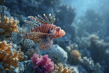 Obraz premium Lionfish swimming over colorful coral reef in clear ocean water with sunlight rays, showcasing marine biodiversity and underwater life in vibrant natural habitat