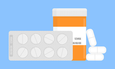 Prescription medicine set - pill bottle, blister pack, and capsules vector illustration. Minimalist medical design for healthcare apps, pharmacy websites, medical brochures, and drug packaging mockups