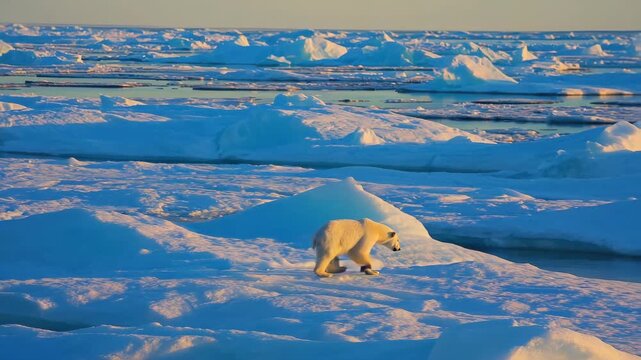 A lone polar bear moving across an icy sea with melting blocks of ice around it. The sun is setting or rising in the distance.