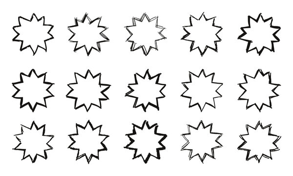Fifteen rough outline images of decagonal stars. Doodles and squiggles. Vector set