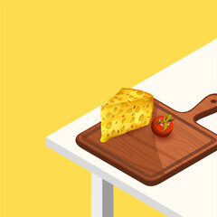 A wedge of yellow cheese with holes sits on a wooden cutting board