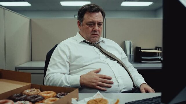 An overweight office worker feels stomach pain after eating junk food at his desk. A middle-aged man with an unhealthy diet in his cubicle. Obesity and poor nutrition concept
