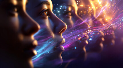 Digital portraits of diverse faceless people flowing together in cosmic stream, defocused ethereal unity, celestial connection, metaphysical togetherness, spiritual collective visu