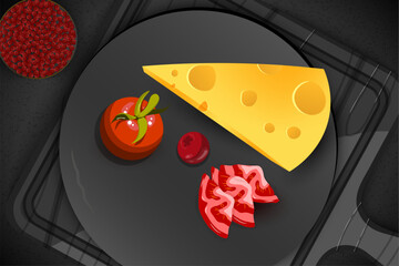 A wedge of yellow cheese with holes sits on a wooden cutting board