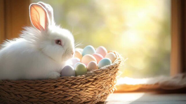A fluffy white rabbit sits comfortably within a wicker basket, surrounded by colorful Easter eggs. The bunny appears relaxed and content, seemingly enjoying the festive atmosphere