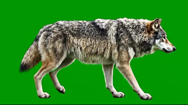 Realistic Gray Wolf Walking on Green Screen, Full Body, Centered, Ultra-High Detail, Stock Video 4K