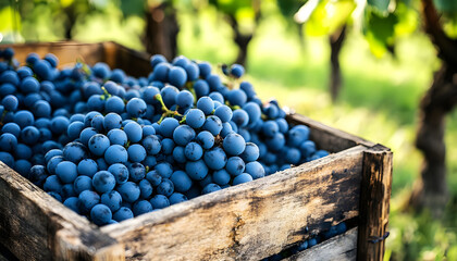 A closeup of a wooden crate filled with grapes in a vineyard setting. The grapes are a deep blue color, and the crate is a light brown.