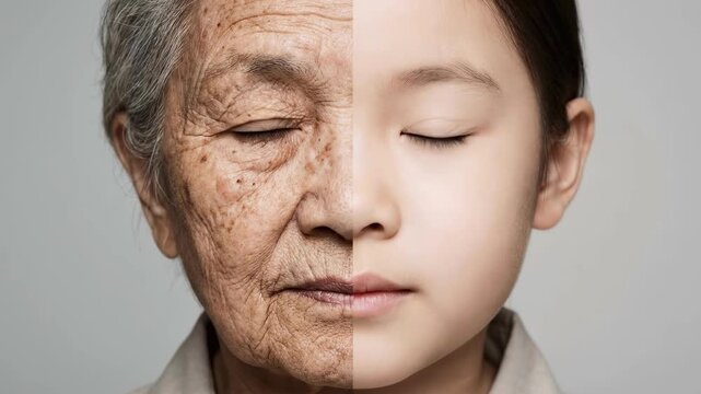 A composite face contrasting an old woman and a young girl. Split screen portrait showing the aging process. Life cycle and passage of time concept
