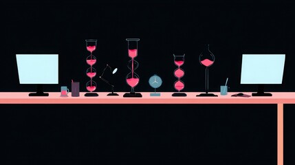 Conceptual Illustration of Surreal Hourglasses on Office Desk Representing Time Management Pressure Deadline Anxiety and Work Productivity Flow in Minimalist Flat Graphic Style