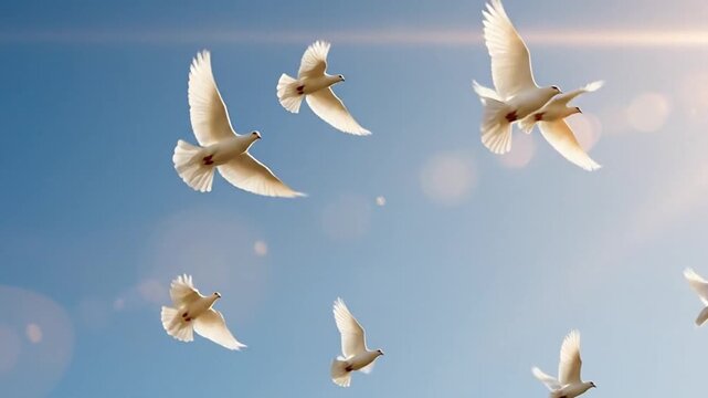 White doves soaring gracefully against vibrant bright blue sky