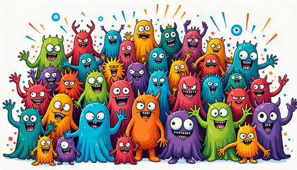 Playful Cartoon Monster Doodle Crowd Illustration on White Background
