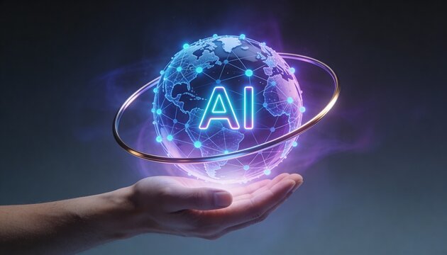 Hand Holding Holographic AI Globe with Neural Network and Orbiting Ring, AI Text for Intelligent Automation, Digital Process Optimization, and Workflow Orchestration in High-Tech Business. - Powered by Adobe