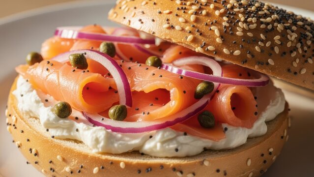 Fresh smoked salmon bagel with cream cheese, red onion, capers, and poppy seeds
