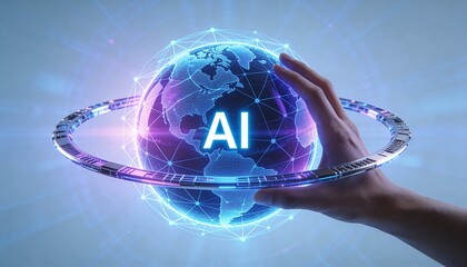 Hand Holding Holographic AI Globe with Neural Network and Orbiting Ring, AI Text for Intelligent Automation, Digital Process Optimization, and Workflow Orchestration in High-Tech Business.