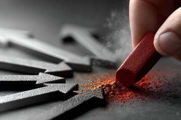 Hand drawing arrows with red chalk on dark surface