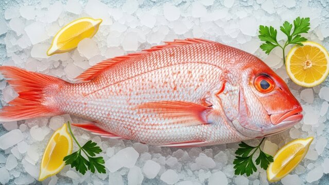Fresh red snapper fish on ice with lemon slices and parsley ready for cooking