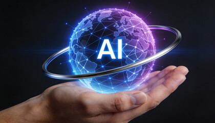 Hand Holding Holographic AI Globe with Neural Network and Orbiting Ring, AI Text for Intelligent Automation, Digital Process Optimization, and Workflow Orchestration in High-Tech Business.