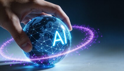 Hand Holding Holographic AI Globe with Neural Network and Orbiting Ring, AI Text for Intelligent Automation, Digital Process Optimization, and Workflow Orchestration in High-Tech Business.