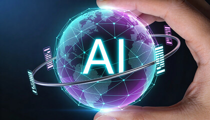 Hand Holding Holographic AI Globe with Neural Network and Orbiting Ring, AI Text for Intelligent Automation, Digital Process Optimization, and Workflow Orchestration in High-Tech Business.
