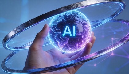 Hand Holding Holographic AI Globe with Neural Network and Orbiting Ring, AI Text for Intelligent Automation, Digital Process Optimization, and Workflow Orchestration in High-Tech Business.