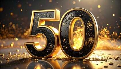 50 years old. Gold and black Number 50th anniversary, happy birthday congratulations. 3d rendering.
