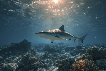 Fototapeta premium Shark swimming above coral reef in clear ocean water with sunlight rays penetrating surface, showcasing marine predator in natural underwater habitat