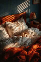 Coffee cup on messy unmade bed with white linen sheets in bright morning sunlight through blinds, cozy bedroom interior with orange knitted blanket and warm home aesthetic