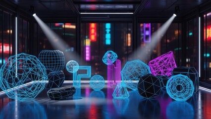 Wireframe geometric shapes glow in dark room with city lights visible outside