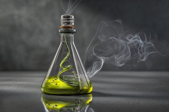 Steaming green elixir in glass flask on gray background