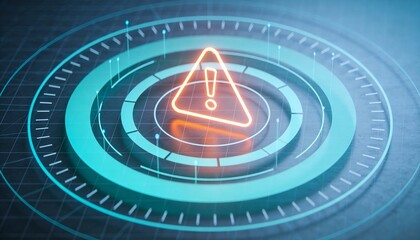 Glowing Triangular Alert Icon over Concentric Rings on Grid Surface representing Real-Time Fraud Prevention, Anomaly Detection, Cyber Security Monitoring, and Digital Threat Identification