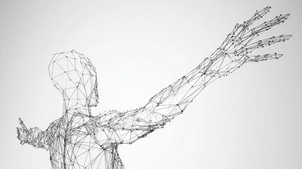 Title: Abstract 3D Wireframe Mesh of Human Figure Reaching Up, Low Poly Digital Plexus Concept of Artificial Intelligence, Virtual Reality, Cyber Anatomy and Humanoid Robotics on White