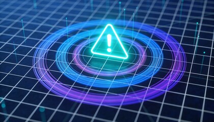 Glowing Triangular Alert Icon over Concentric Rings on Grid Surface representing Real-Time Fraud Prevention, Anomaly Detection, Cyber Security Monitoring, and Digital Threat Identification