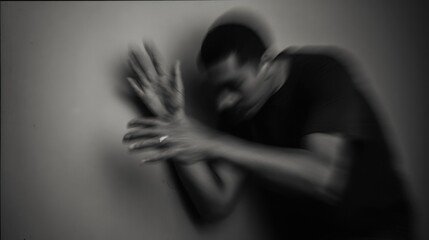 Dramatic Blurred Motion of Man Expressing Mental Distress and Anxiety, Long Exposure Abstract Portrait of Male Figure in Turmoil Against Gray Wall, Concept of Stress or Psychology