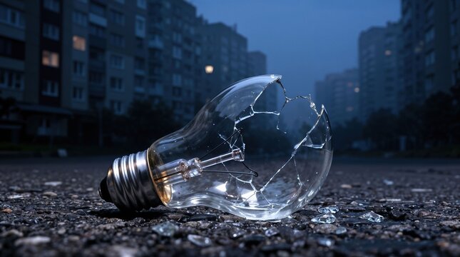 Shattered light bulb on street representing blackout energy crisis