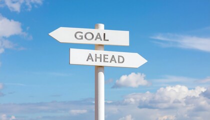 Directional signpost with 'GOAL AHEAD' signs pointing right against a bright blue sky with scattered clouds.