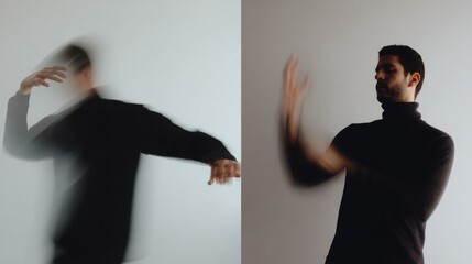Conceptual Diptych of Man in Black Turtleneck with Blurred Motion Effects, Artistic Portrait Expressing Duality Internal Conflict and Dynamic Energy on Neutral Background