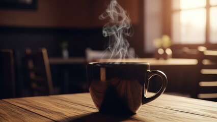 Steaming beverage in dark mug sits on wooden table; blurred background