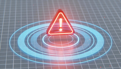 Glowing Triangular Alert Icon over Concentric Rings on Grid Surface representing Real-Time Fraud Prevention, Anomaly Detection, Cyber Security Monitoring, and Digital Threat Identification
