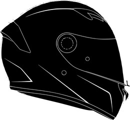 A sleek, black racing helmet with thin white racing stripes