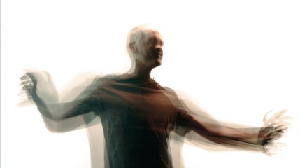 Abstract Artistic Portrait of Man in Motion with Long Exposure Blur Effect Representing Soul Freedom Spiritual Energy and Ghostly Ethereal Presence on Bright White Background