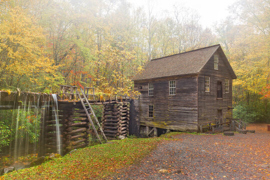 Historic Mingus gristmill built in 1886 in the great Smoky Mountains during a hazy morning