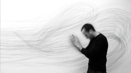 Man Standing in Front of White Wall with Complex Abstract Line Patterns Representing Mental Chaos Information Overload Brain Neural Networks or Modern Art Installation Concept